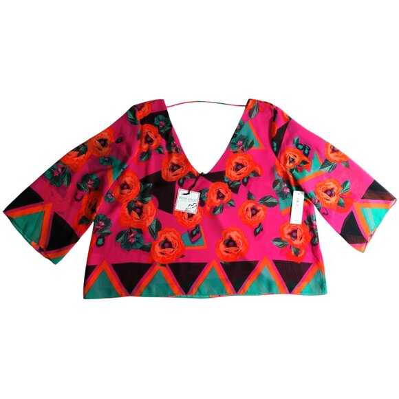 NWT Bisou Bisou Women's Pink Floral Print Crop Lined V-Neck Shirt L Large - Picture 1 of 9